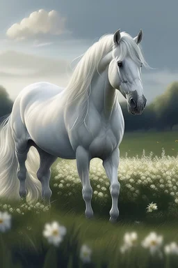 a beautiful white horse with a long wavy mane walks in a blooming meadow,full height, photorealism, surrealism, beautiful landscape,clear lines, drawing small details with a pen, aesthetically pleasing, beautiful, realistic, professional photo, 4k, high resolution, high detail, 1/250s, pixel graphics, bright lighting