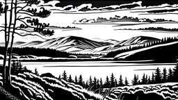 Nordic Lappland fells landscape, day time, black and white, strong contrast, black outlines, stylized