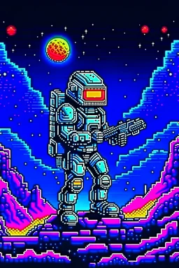 Astronaut with laser gun in pixel art on a wild planet