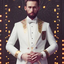 8K, a Highly detailed stunning portrait of Dom man, a white suit, beard, and short hair, with a kneeling submissive woman