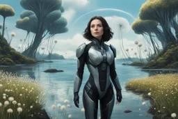 young woman in an android suit with dark hair, standing on the shore of an alien sea, with flying forests of dandelion seed head trees in the distance