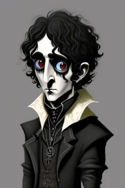 black haired black eyed young man necromancer wizard Gnome that looks like a young Edgar Allan Poe with gothic jewelry in the style of Charles Addams