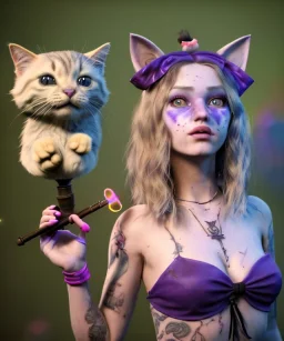 Ultra realistic photo, happy couple, blonde Alice woman and purple cat smoking a pipe, circus blue dress style, black headband with bow, old school body tattoo, smoke, marihuana garden, glow eyes, perfect iris, soft color, highly detailed, unreal engine 5, ray tracing, RTX, lumen lighting, ultra detail, volumetric lighting, high definition.