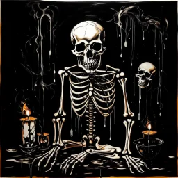 ink art of a skeleton, fluid, dripping, very dark room, candle light, high contrast