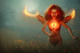 a fiery angry angel with 100 eyes, spring time, mushrooms, 8k, flickering light, centered, high-quality, fine-detail, digital art, detailed matte, volumetric lighting, illustration, 3D octane render