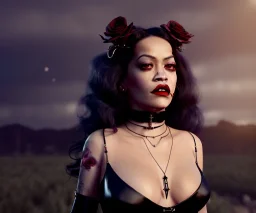 Rita ora, 1800s, vampire, fangs, long curly black hair, choker, black rose, Victorian dress, headdress, glamorous