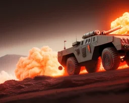 wide angle of Gi joe driving A lunar armored rover with tracks and claw and orange, troops, big Erupting volcanoS, White headlights