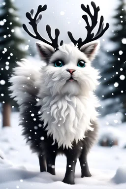 Create a white black Fluffy reindeer Mixed with a kitten in the Snow playing in the background is snowing