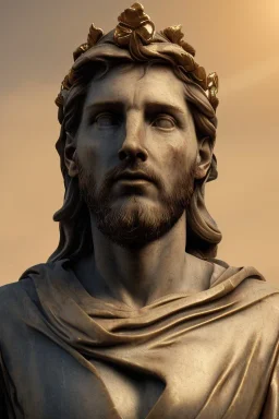 Realistic image, Renaissance sculpture made in marble with gold veins, Lionel messi, gold laurel leaves crown, waist up portrait,marble material, gold ornaments, Renaissance style, sun rays background, epic, celestial, cinematic lighting, God lights, 4k resolution, smooth details, soft lighting, unreal engine 5, art station, substance 3d.