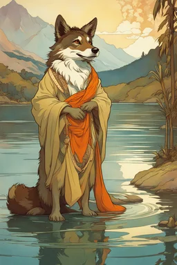 Furry werecoyote inindies at the lake. Renowned character illustration by alphonse mucha