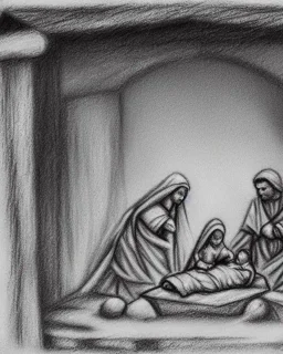 Nativity scene pencil and charcoal manger shading rubble Ukraine