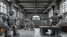 A gray mechanical factory with robots designed in Maori sculptures painted by the Limbourg brothers