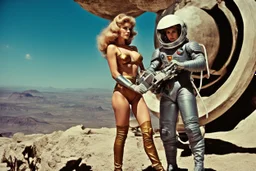 photo of a Sci-fi pin-up girl, wearing a spacesuit with no helmet, on an alien planet, Barbarella