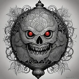 the tattooed killer lantern floats eerily, its lace exterior etched with intricate designs that seem to writhe and pulse with a life of their own. the ghastly sight of a pulsating brain visible within, suspended in a macabre display of terror. two round eyes in its center. The bloody brain, adorned with cryptic symbols and nightmarish, throbs with a sickening rhythm. Each convulsion sends flashy light tendrils through the lantern, casting clear cut shadows on the walls of the temple