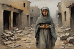 Grey sky, crying little palestinian girls wearing kuffeah and palestinian clothes, rocks, destroyed buildings , emotional influence, friedrich eckenfelder and willem maris impressionism paintings