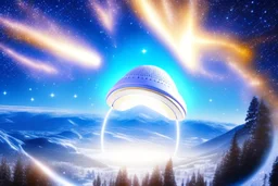 white spaceship flying saucer with light in the below. the landscape is a fairy colourfull forest with snow sweety mountains. the sky is blu with stars and brightness beam