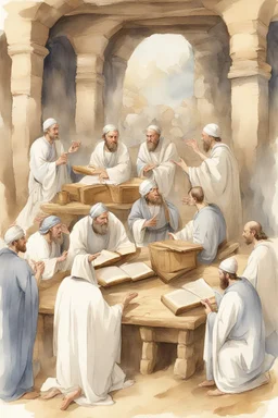 Several Christian priests of the 1st century AD are sitting in a cave and actively arguing and gesticulating, each holding a scroll of Ancient Scripture, many ancient scrolls are lying on a wooden table in front of them, everything is written in watercolor in high resolution, in 8k.