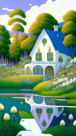 A house made out of white fathers designed in a field of white wild flowers paintings painted by Paul Ranson , Busch painting style, all white, by the lake