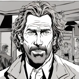 man with scraggly hair, chemise, Hans Gruber comic book character