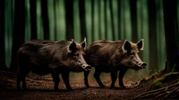 wild boars with long tusks in woodland