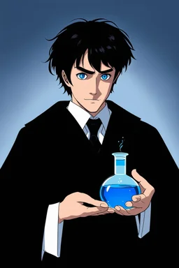 black hair, blue eyes,19year old, male, wearing black robes, alchemist, holding a flask full of blue liquid, in the style of Charles Addams