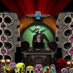 DJ of the damnded, insanely detailed DJ booth in hell, MID set, speakers and equipment made of bone, anatomically correct,