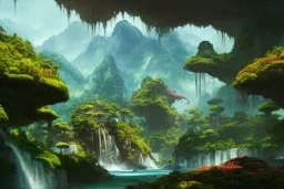 Art by Dylan cole and Eddie mendoza and darek zabrocki, Avatar concept art, pandora, hovering island with waterfall, magnificent landscape, ultra-wide angle, ultra realistic, digital painting, 8 k uhd, dynamic lighting, beautiful, sharp focus, ultra detailed, concept art