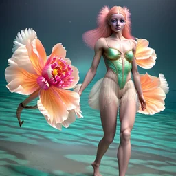 PHOTOREALISTIC PORTRAIT OF A GIRL of Cirque dU soleil, WALKING ON THE SHORE AT THE MOONLIGHT, AND EMBRACING PINK YELLOW PEONIES, VIVID colors: torquoise, pale salmon, persimmon, grey-green , pale lemon yellow, greenish gold, metallic bronze. ULTRA detailed; CORRECT anatomy, FACE and eyes, HIGH RESOLUTION AND DETAILS, HIGH DEFINITION, STYLE BY RAFFAELLO, MICHELANGELO, KAROL BAK, ANDY WARHOL, Anna Dittmann