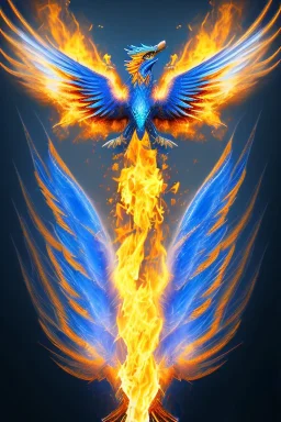 blue phoenix, flaming wings, balanced, beautiful, smooth, flying, graceful