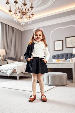 a 6 years old girl in modern clothing and makeup standing pose with cute and joy with pertty shoes in a very large luxury baby bedroom