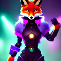 A fox fursona, Furry art, Digital art, cyberpunk, High quality, Backlighting, female, anthropomorphic, full body portrait, 8k resolution, fox tail, Realistic, high quality, great details, within portrait, masterpiece, best quality, cinematic lighting, detailed outfit, vibrant colors, perfect eyes, furry, human body, robotic arm, sfw, robotic, in the style of titanfall, highly detailed face, perfectly drawn