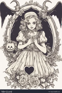 Wizard Halloween vintage girl with heart in her hands, half demon and half angel,