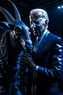 biden holding a goat in the style of giger, spraypaint, photorealism, trending on artstation, 8k, depth of field, downlight, lightrays, volumetric, white hall, brown and blue