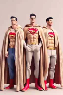 three men in different Winter Balenciaga Superman's big emblem clothing, beige tones, fashion plates, outfits, modern designs, deconstructed tailoring, rendered in cinema4d –q 2 –ar 3:5