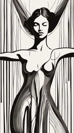 minimalist linear art, centered with empty space, Esboço linear do corpo de uma mulher estatua, with her arms are outstretched line fluid abstract, art style by Coco Vandi, retro minimal, art style by Eckhart Tolle