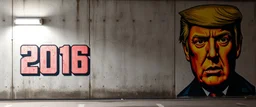 background of wall(wet textured concrete, gray, old, cracked, stained, 1 wall light) from underground parking, german style, a large blocky upside down "2016" painted on left(old faded paint), cyberpunk, to the right a larger mural(face cropped above nose, scornful, trump, from 1984)