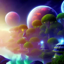 Alien bird paradise in the jungle on a moon like planet, deep colored, amazing detail, realistic