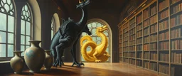 master oil painting by Escher and Giger, glaring vases and black humanoid dragon and hidden golden dragon inside library