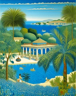 A blue resort on an island designed in ancient Greek mosaics painted by Henri Rousseau