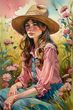 P: a young old-time cowgirl sitting in wildflowers and tall grasses, peaceful vision, wisps of hair around her face, straw hat, pink floral dress, muted colors, soft watercolor