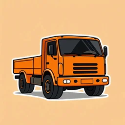 Large orange truck with black tinted windows and black wheels, the whole body is orange with a clear black outline (cartoon or vector style), on a transparent background. Minimalism, no shadows, bright colors, clean lines. 2D illustration in a flat style, as for a sticker or a logo