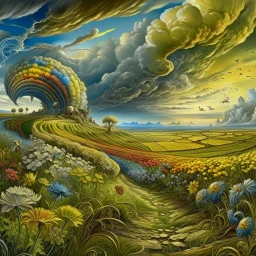A collaboration between Salvador Dali, Vincent Van Gogh, and Jean Baptiste Monge. Swirling rainbow storm clouds over a vast field of long grass and plentiful flowers swaying in the winds. Modifiers: highly detailed elegant extremely detailed fantasy intricate high detail fantastic view close up ultra detailed