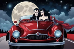 close up illustration from a surreal comics caracter vampire couple (pale skin, dark hair, black-dark red nice gothic clohts) riding a sport coupe car, driving toward you in Summer night,they looking at camera, Tim Burtron and El Kazovszkij style , blue sky with moon and stars. They driving down a surrreal crepy stunning scenic , surrounded by black trees siluette, high detailed, cold silver and dark colors, intricate details, beautifull shot, pale lights, surreal mood, anime, cinematic