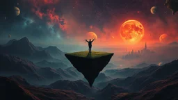 one alone human stands on deep dark colors little floating island. the island with alone human floatings over some four colors landscape . normal neurotipical lifes contrast the weird inner world with neurodivergens soul and mind,, Whimsical strange style of Chagall, of Bosch of giger and Anton Semenov. weird absurd beauty nightmare, in background neuronic network and landscape with cites and with many little humans on eart, Whimsical surreal vibe, cinematic