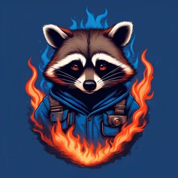 Raccoon, burning in hell, in army, blue fire, most realistic, atmospheric, hesh, retro style, t-shirt design, detailed character, minimalist background, logotip