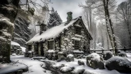 stone cottage in forest in winter