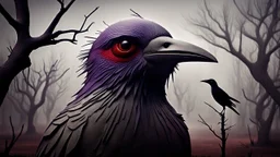close up bird head, and far away Birds and trees in alternative surreal barren, dry, gloomy world, nightmare in abyss, deep vortex, black, gray, purple, brown, silver, dark red colors, surreal, weird dark fantasy, deep dark colors, sharp lines, crepy stunning, high detalied, weird, fog, shadows, realistic, surreal, highly detailed, melancholic thriller mood