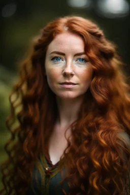 portrait of a beautiful 30 year old highlander woman with long reddish wavy hair, curvy body, earthbound, warm-hearted