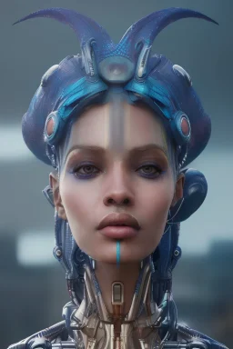 portrait,beautiful african robotic sirene, post-apocalyptic in a cyberpunk city, realistic, intriacte detail, sci-fi fantasy style, volumetric lighting, particales,highly detailed,cinematic, deep blue.