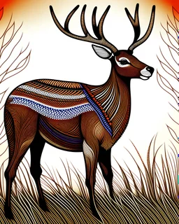 coloring pages: Majestic deer in an Afrocentric art style, adorned with intricate tribal patterns, and flowing mane-like hair, standing tall and proud in a lush savannah, surrounded by tall grass and baobab trees, Artwork, mixed media on canvas [illustration style (Majestic deer in an Afrocentric art style, adorned with intricate tribal patterns, vibrant colors, and flowing mane-like hair, standing tall and proud in a lush savannah, surrounded by tall grass and baobab trees, Artw